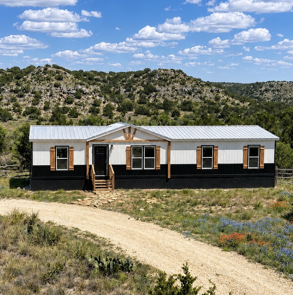 Double wide manufactured home exterior near Lampasas, TX